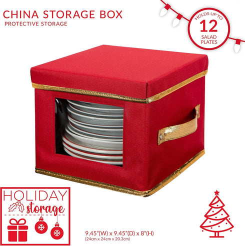 Simplify Holiday Salad Plate Dinnerware Storage Box | 9.45 Inch | Christmas China | 12 Felt Dividers | Tableware Setting | Red by Simplify