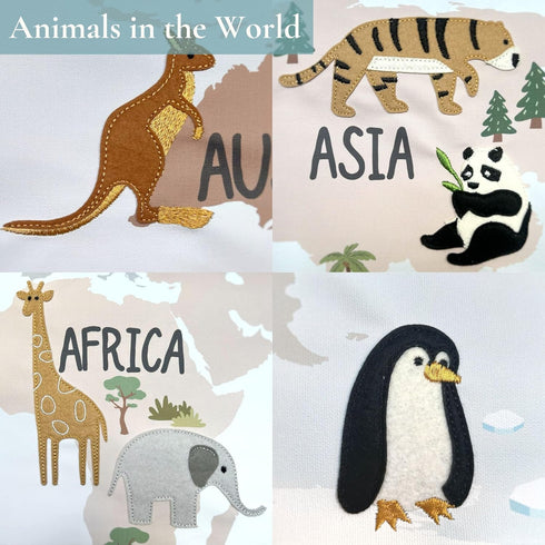 32x24 Extra Large World Map Poster for Kids Embroidered Canvas Wall Hanging with Wood Hanger, Neutral Montessori