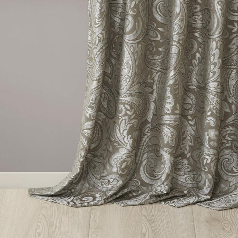 Madison Park Aubrey 2 Panel Curtain - Faux Silk Paisley Jacquard, 50x84, Taupe, Room Darkening