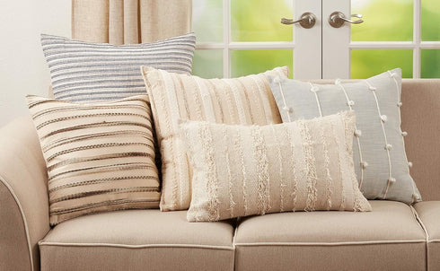 SARO LIFESTYLE Chloe Collection Woven Stripe Design Throw Pillow Cover, 16" x 24", Natural