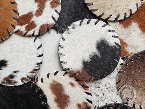 4.5" Set 8 Sunshine Cowhides Natural Cowhide Coaster - Round Assorted Tones Genuine Leather Coasters for Coffee Table
