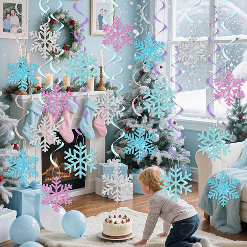 Snowflake Hanging Swirls Decorations, Winter Party Ceiling Streamers Garland for Baby Shower, Birthday, Christmas