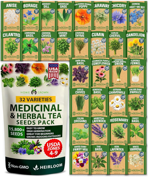 HOME GROWN Herb Seeds 32 Medicinal Herbs and Tea Variety Pack Annual