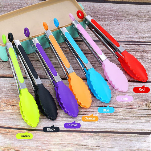 7Pack Kitchen Tongs,7 Inch Small Silicone Tongs with Stainless Steel Silicon Handles and Nylon Tips,Heat Resistant Non-Stick Cooking Tongs,Mini Locking Food Tongs for Cooking Salad Grilling by Dwrttow