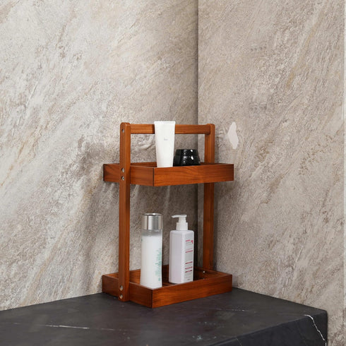 2 Countertop, Utoplike Teak Wood Shower Caddy Corner, Tier Bathroom Organizer Standing Shower Rack with Handle, Stand