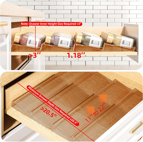 4 4 Pack 11'' 22'' PanPanPal Spice Drawer Organizer, Tier- Amber Acrylic Drawer Seasoning Organizer, Expandable From