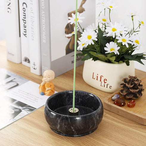 Incense Holder, Brass 9 Holes Incense Burner Ash Catcher for Home Decor, Yoga Spa Meditation (Natural Black Marble)