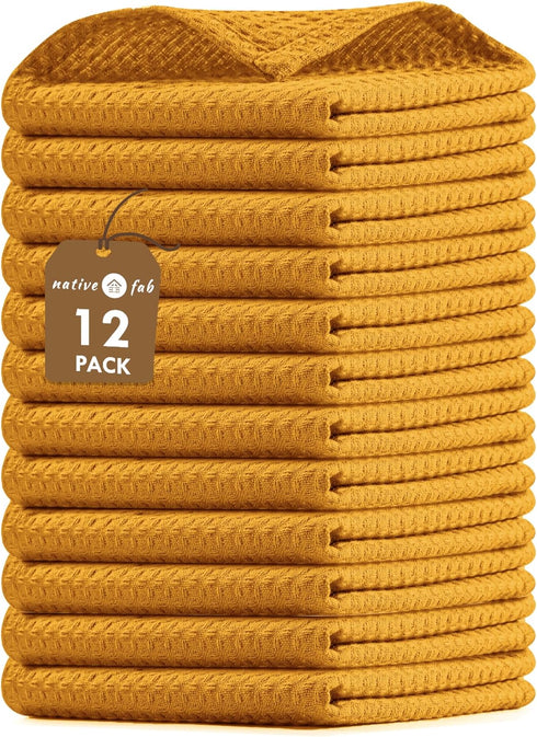 Native Fab Waffle 12 Pack Dish Cloths - 100% Cotton, Absorbent, Quick
