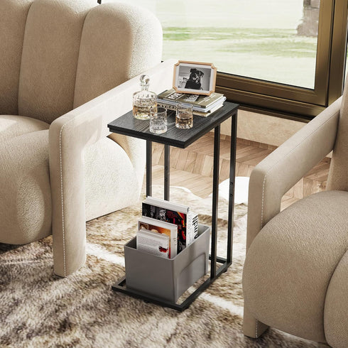 2-Tier WLIVE Black Side Table,C Shaped End Table for Bedroom, Home Office, Dorm, Living Room Couch Tables, C Shaped TV
