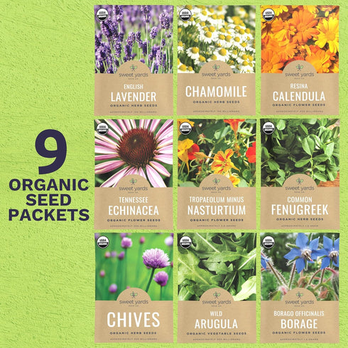 Pack 9 Packs 2026 Organic Edible Flower Seeds Variety - Individual - Season - Lavender, Chamomile, Nasturtium