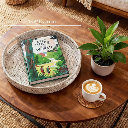14 Counter JUNGLE CULTURE Handmade Round Wicker Tray Whitewashed Large Decorative Rattan Serving Basket for Coffee
