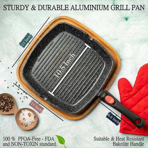 Moss & Stone 11In Square Grill Pan, Nonstick Die Casting Aluminum, Removable Handle for Indoor Cooking, Meats &