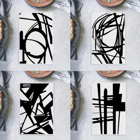 Set 4 16x24 Inches Abstract Black and White Kitchen Dish Towels of - Mid Century Modern Black and White Decorative Hand