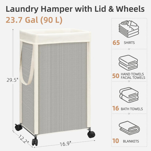 90L (23.7 STORAGE MANIAC Laundry Hamper with Wheels, Gal) Large Tall Rolling Laundry Basket with Removable and Washable