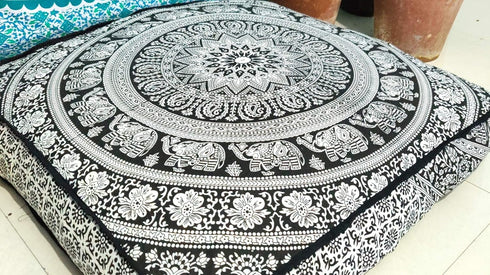 Black White Elephant Flower Mandala Mandala Barmeri Large Floor Pillow Cover Cushion