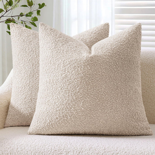ANRODUO Pack of 2 Textured Boucle Throw Pillow Covers Soft Beige Euro