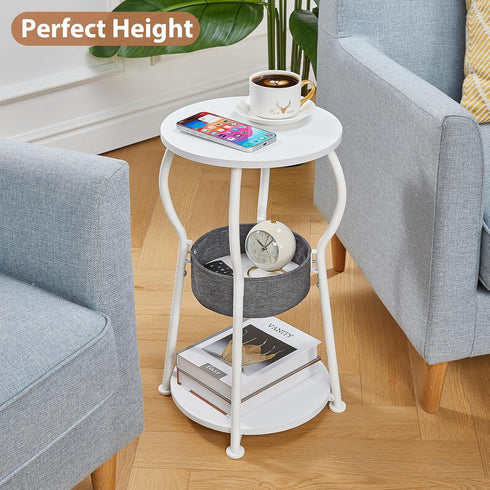 3-Tier 21.6" Small Round Side Table with Storage Bag, Accent Round End Table with Four Storage Functions for Living
