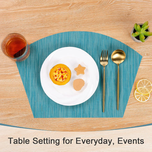 SHACOS Set of 4 Round Wedge Placemats, Heat Resistant, Woven Vinyl PVC Table Mats, Teal Blue, Indoor Outdoor