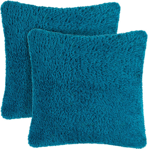 PAVILIA Teal Blue Fluffy Throw Pillow Covers, Set of 2 - Decorative Accent Pillow Cases for Bed Sofa Couch, Soft Faux