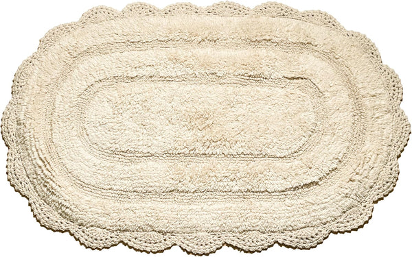 Chardin Home Ivory Crochet Bathrug, 100% Cotton Oval Bathmat with Handcrafted Crochet Border, 21x34 Inch