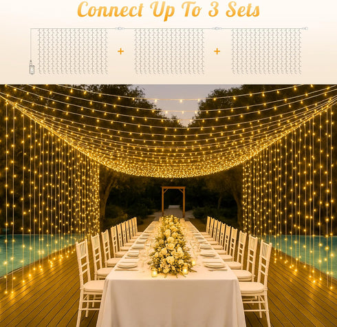 HEYFUNi 304 LED Curtain Lights Outdoor, 9.8Ft*9.8Ft Plug-in Hanging String Lights with 8 Modes for Decor