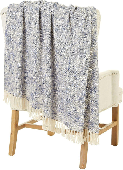 LR Home 50x60 Inch Soft Hand-Woven Distressed Fall Blanket Blue/Ivory | Warm Throw for Bed, Sofa, Couch, Living Room