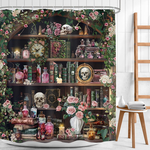 60Wx72H 12 Pack Gothic Skull Shower Curtain Witchy Spooky Pink Rose Vintage Retro Wizard Magic Bookshelf Succulent