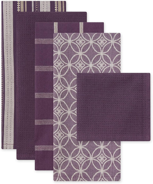 DII Assorted Woven Kitchen Set, 5 Piece - Dishtowel 18x28, Dishcloth 13x13, Eggplant