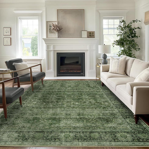 5x7 Green Washable Rug for Living Room Large Vintage Distressed Bedroom Rug