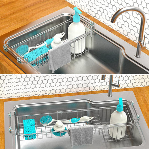 14.5" 22", Over The Kitchen Sink Caddy Sponge Holder Organizer Drying Rack Expandable for Sponge Brush Soap Dish Cloth