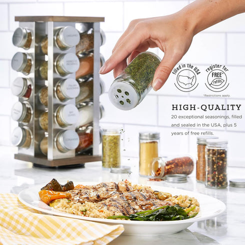 20 Countertop 5 Kamenstein Jar Vintage Spice Rack with Spices Included, Revolving Spice Organizer with Glass Jars