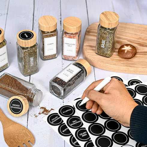 24-Piece Set Spice Jars by Le'raze: Glass Jars with Bamboo Lids, Labels & Funnel, Airtight Kitchen Storage