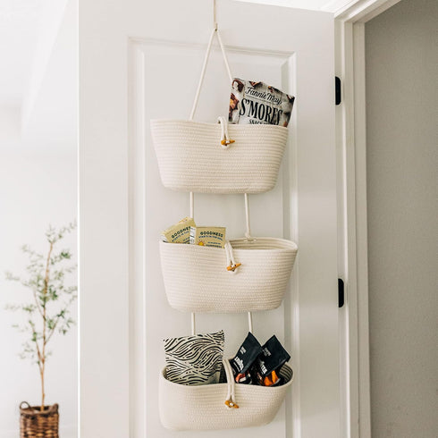3-Tier OrganiHaus White Wall Hanging Baskets for Organizing, Hanging Storage Basket, Over the Door Basket Organizer