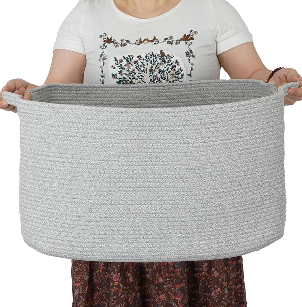 Large Rectangle Blankets Basket, 22"x17"x12" Woven Cotton Rope Storage for Nursery, Toy Basket, Laundry Bin