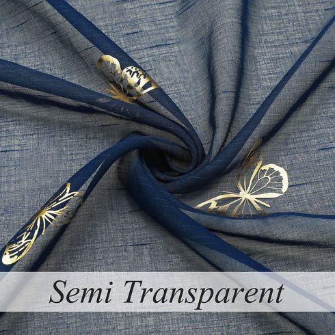 Jubilantex Navy Blue Butterfly Sheer Curtains with Gold Print Pattern, 63 Inch Long, 2 Panels for Kids Nursery Bedroom