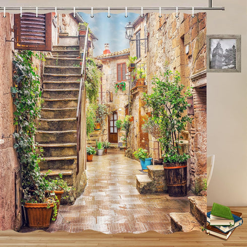 Italian Architectural Landscape Shower Curtain, European Old Mediterranean Street Design, Vintage Country Bathroom