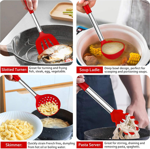 LIANYU 27 PCS Kitchen Utensils Set with Holder - Silicone Cooking Tools with Stainless Steel Handle for Nonstick