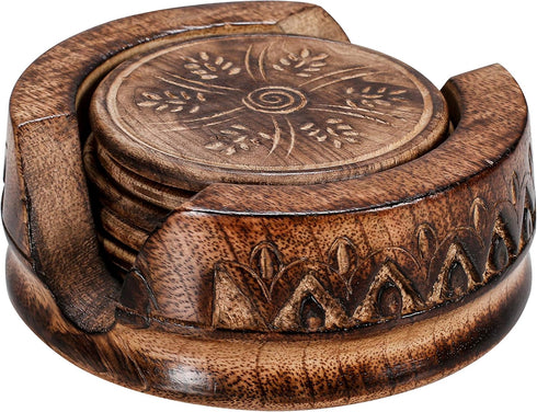 Set 6 Handmade Wooden Coaster of with Lotus Shaped Holder Rustic Drink Coasters for Tea, Coffee, Wine, Bar & Home Decor