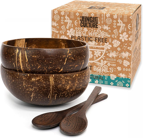 Jungle Culture 2 Polished Coconut Bowl Set with Wooden Spoons & Bamboo Straws, Eco-Friendly Vegan Gifts