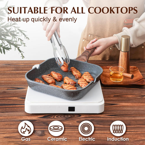 SENSARTE 11 Inch Nonstick Grill Pan for Stove Tops, Durable Square Griddle with Pour Spouts for Indoor & Outdoor