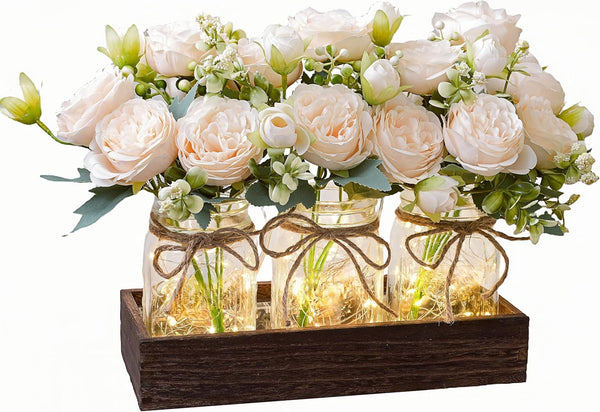 LUEUR Mason Jar Lights Centerpiece with Farmhouse Wood Tray 3 Jars with