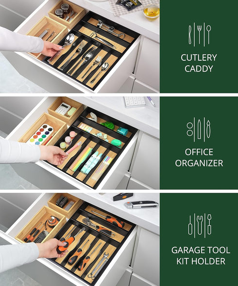 ROYAL CRAFT WOOD Luxury Bamboo Utensil Rack, Kitchen Drawer Organizer with Grooved Dividers for Flatware, 7 Slot