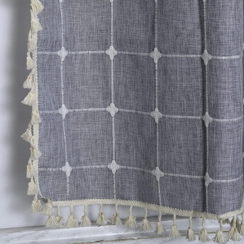 YoKii Boho Kitchen Curtains 36 Inch Length, Modern Farmhouse Cotton Linen Short Window Panel with Gingham Tassel