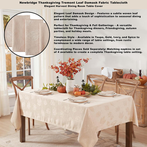 60 102 Inch, Newbridge Taupe Tremont Leaf Damask Rectangle Fabric Spring Lodge Tablecloth, x Elegant Holiday Swirling