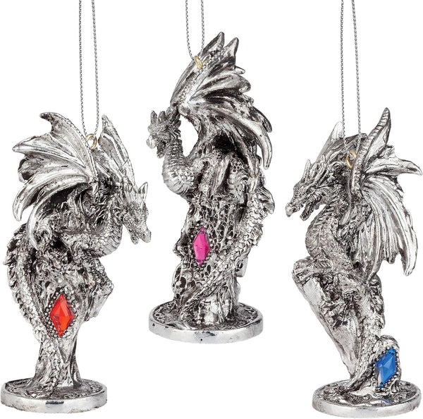Design Toscano 3 Dragons of The Amesbury Holiday Gemstone Ornament Set, Silver, Christmas