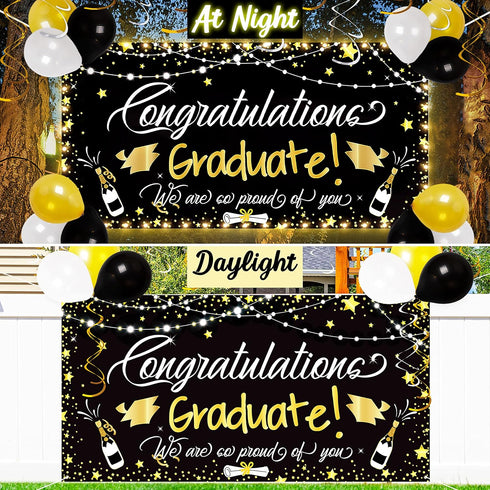 90shine Graduation Decorations - Class of 2025 Lighted Congrats Grad Banner, 25PCS Black Party Supplies