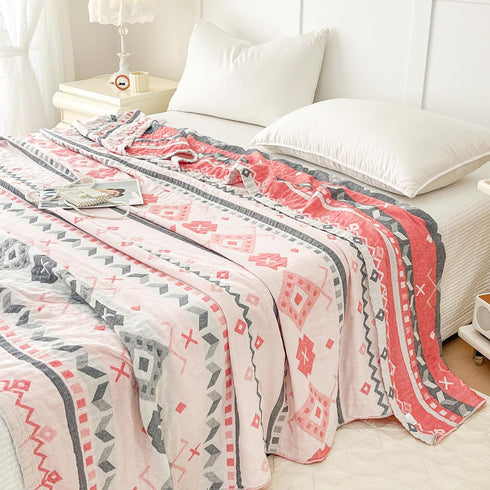 MEJU 100% 3 60 80 Boho Indian Pink Gray Retro Southwest Muslin Reversible Blanket for Bed Sofa Couch Combed Cotton