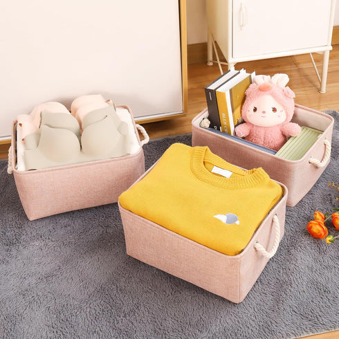 Storage Bins with Sturdy Cotton Handles (1 Pack), Fabric Baskets for Organizing Office & Home (Small, Pink)