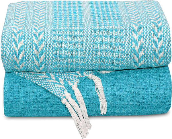 Cotton Throw Blankets - Set of Two - 50"x60" - Turquoise &