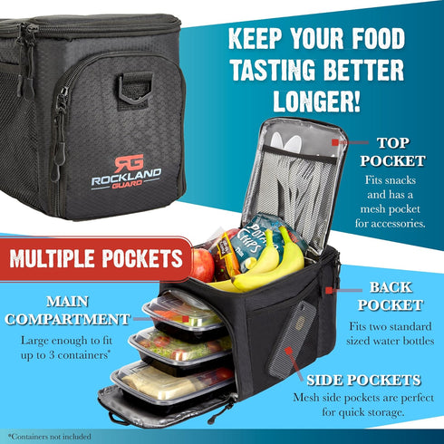 Rockland Guard Insulated Lunch Bag for Men - Black Lunch Box with Compartments for Meal Prep, Bottles, Snacks